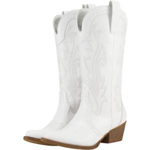 HISEA Rollda Cowboy Boots for Women Western Cowgirl Boots Mid Calf | Chunky Heel Pointed Toe Comfortable Stitched Embroidery for Country Concert Dancing Wedding Travel Daily Outfits, White Size 6