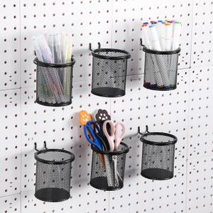 Spakon 6 Sets Pegboard Cups with Ring Hook, Peg Board Baskets Bin Holder Organizer Accessories Pegboard Pencil Cup Multipurpose Metal Pen Holder for Office Garage(Black,2.95x2.95x3.74'',Straight)