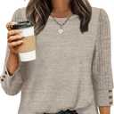 WIHOLL Womens Sweaters 3/4 Length Sleeve Womens Tops Trendy Women Blouses Dressy Business Casual Outfits Spring Summer Tops Oversized Sweaters Work T Shirts for Women Lightweight Soft Fall Khaki, Size S