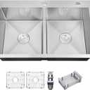 33 Inch Drop In Double Bowl Kitchen Sink with Nano Coating, 20 Gauge 304 Stainless Steel Topmount Kitchen Sink with Accessories (33*22*9 inch(silver))