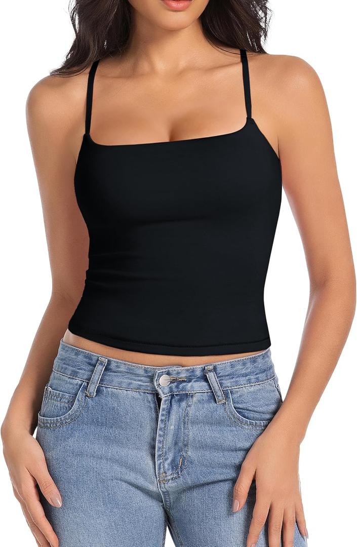 Camisole Tops for Women Sleeveless Adjustable Spaghetti Strap Tank Tops Y2K Basic Shirts (Small, Black)