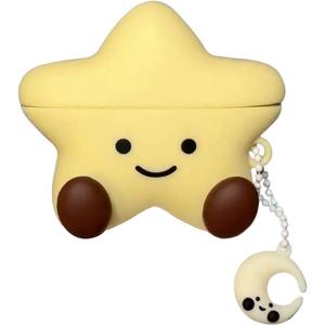 Earphone Case for AirPods 4, Happy Smiling Sitting Yellow Star Soft TPU Silicone Case, Good Mood Good Luck Yellow Star AirPods 4 Cover Protective Skin Shockproof Protector for Earbud+Moon Hook