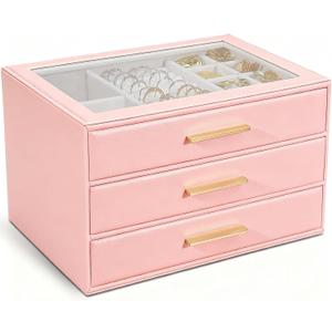 GUOER Jewelry Box for Women, Glass Lid Jewelry Organizer with 3 Drawers PU Jewelry Storage Case for Necklaces Rings Earrings Bracelets (Pink)
