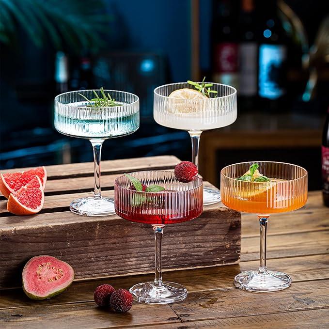 VasoArte 17 Pcs Acrylic Martini Glasses, 10oz Shatterproof Plastic Champagne Tower, Unbreakable Ribbed Coupe Glasses, Art Deco Stem Cocktail Glassware Set, Manhattan Goblet for Wedding Birthday Party