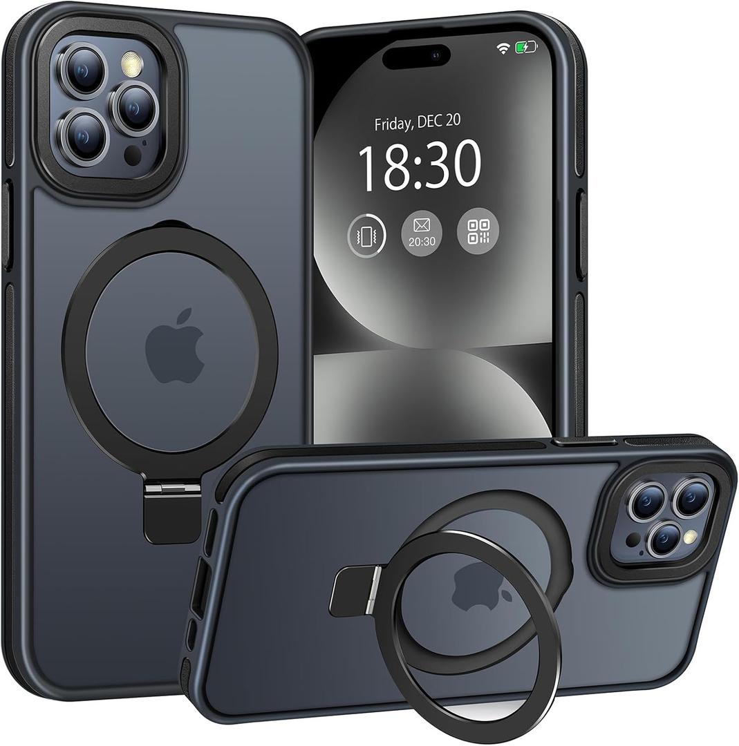 Magnetic Case for iPhone 15 Pro, with Invisible Ring Stand, Military Drop Protection, Shockproof Anti-Fingerprint Matte Protective Cover for iPhone 15 Pro, Black