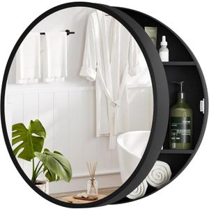 GRAINLLE 20'' Round Medicine Cabinet with Mirror, Bathroom Medicine Cabinet with Mirror with Storage Shelf, Circular Wall Mount Mirrored Cabinet (Black)