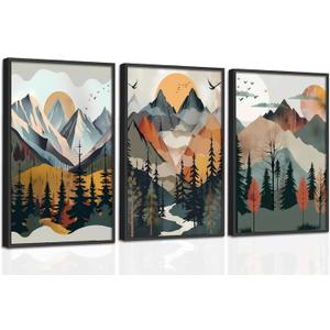 Mountain Canvas Wall Art Set of 3, Boho Sun Forest Abstract Nature Landscape Artwork Wall Decor, Watercolor Posters Prints Painting Picture Artwork for Living Room Bedroom Office 12 x16 In Unframed