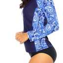 Halcurt Women Swim Shirt with Built in Bra Rash Guard with Pockets Thumb Hole Swimsuit Top Paisley, 2XL