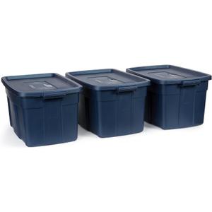 Rubbermaid Roughneck Tote 31 Gal, 3 Pack, Made in USA, Dark Indigo Metallic, Rugged Plastic Stackable Storage Bins with Lids and Handles