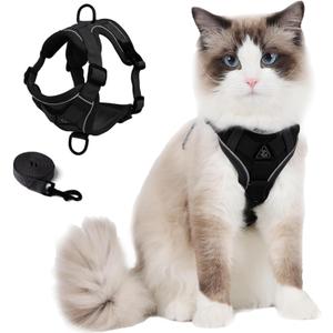 Cat Harness and Leash Set: Upgraded Escape Proof Vest with Lead for Large Cat Small Dog Puppy Walking, Soft Jacket Reflective Strips, Black (L)