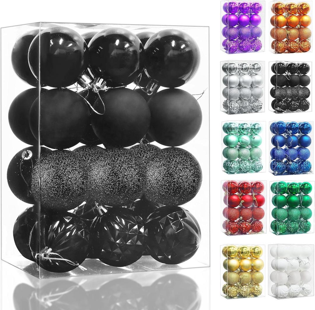 Lulu Home Christmas Ball Ornaments, 24 Ct 2.36" Pre-Strung Hanging Ornament Decorations, Xmas Shatterproof Plastic Balls for Holiday Party Wreath Garlands Trees, Black (2.36", Black)