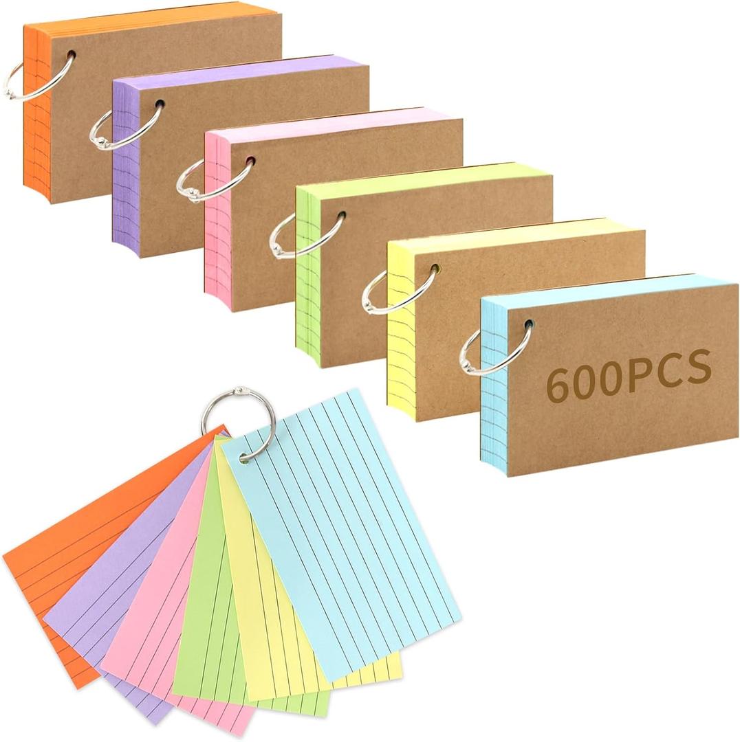 Lovppy 600PCS Index Cards,3x5 Inches Colored Flash Cards with Ring, Punched Lined Flashcards Ruled Index Cards Notecards Study Cards Heavy Note Cards for Studying, Learning, School, College