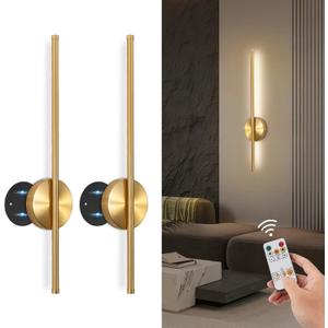 TaoFiaCo Battery Operated Wall Sconces Set of Two,Rechargeable Wall Sconces Set of 2 with Remote Control Dimmable Wall Light Decor for Living Room, Bathroom for, 24 Inch, Gold, 24 Inch-2 Pack