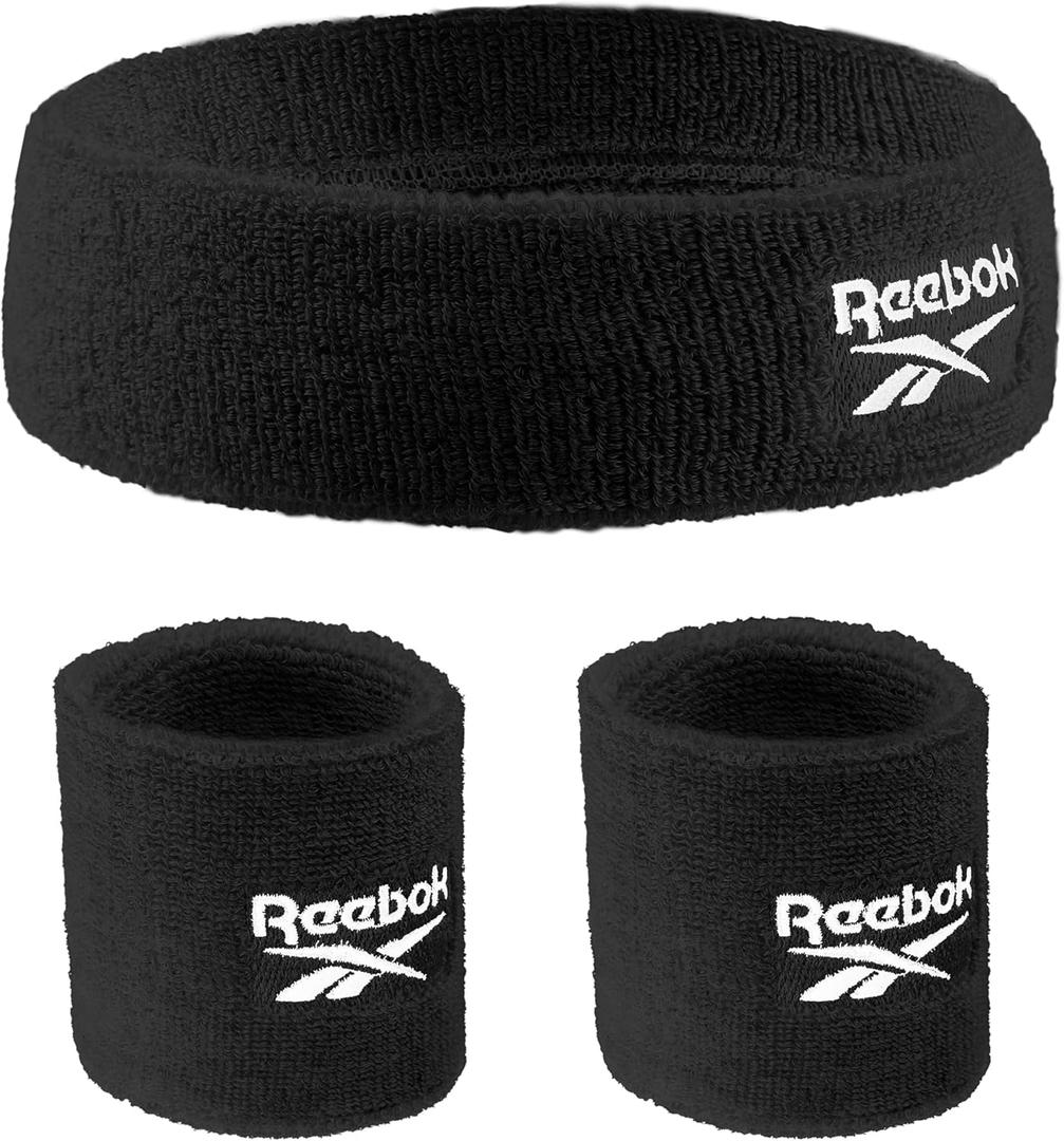 3pc Unisex Athletic Sweatband Set - 2.25in Workout Headband & 3.25in Wristbands w/Stay Dry Technology, Terry Cloth Band Moisture-Wicking Fabric | Quality Fitness Accessories for Active Comfort-Reebok (Black)