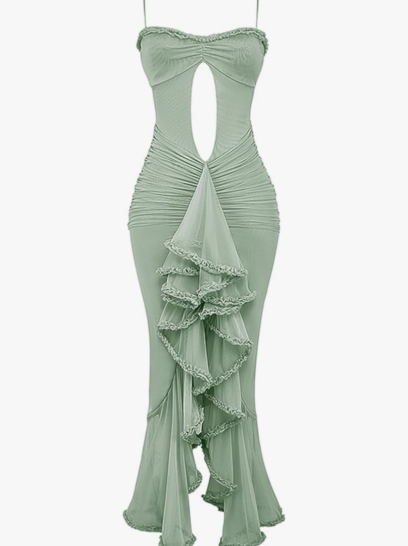 houstil Women's Strap Ruffle Casual Summer Dress Mesh Beach Party Maxi Cocktail Evening Holiday Wedding Guest Dresses, Green, XL