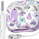 for AirPods Pro 2 Case Cover with Lock, Clear TPU Floral Cute Protective Case for Apple AirPod Pro 2nd/1st Generation Cases Women Girly,with Keychain & Cleaner Kit - Purple Butterfly