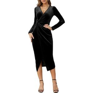 NASHALYLY Elegant Velvet Dress for Women Wrap V Neck Long Sleeve Split Bodycon Ruched Cocktail Party Maxi Dress(Black, Size XL)