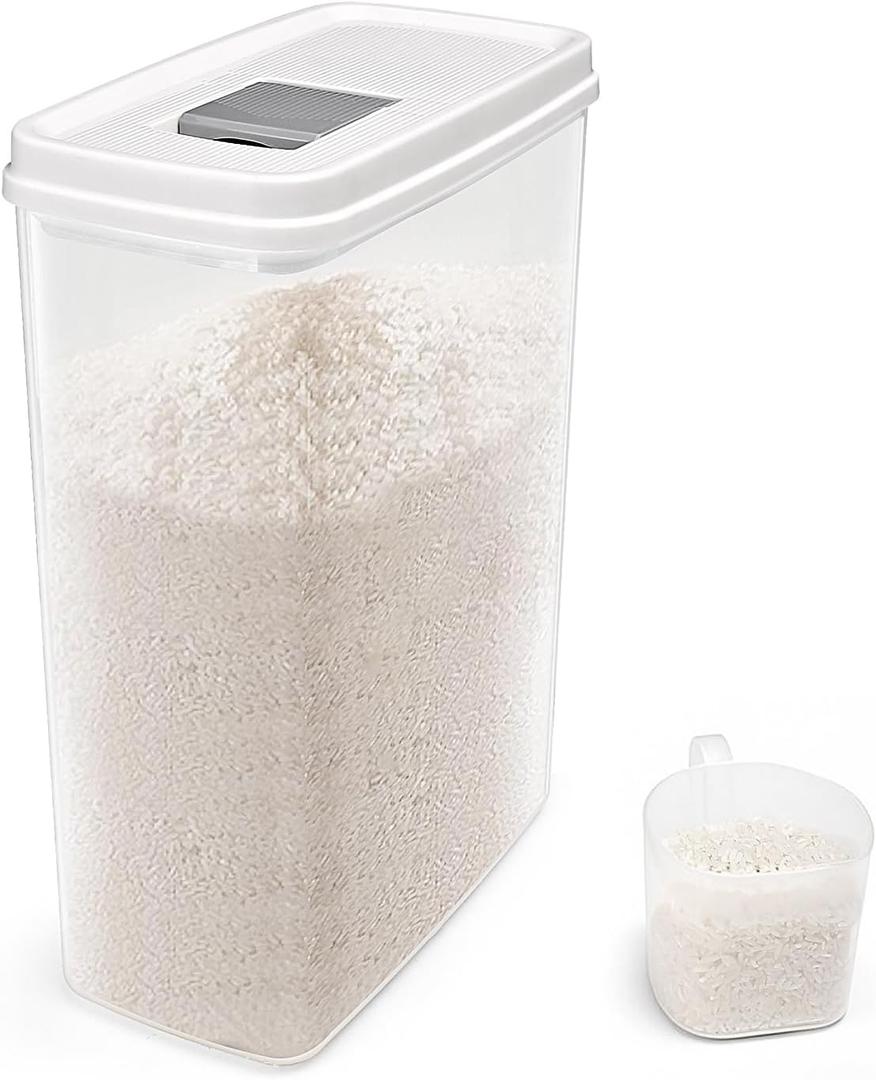 10 Lbs Slim Rice Container - Airtight Food Storage Container with Cup - Food-Grade Plastic Cereal Container Dry Food Dispenser for 7 Lbs Flours, 5 Lbs Dog or Cat Foods - Pantry Organizers and Storage