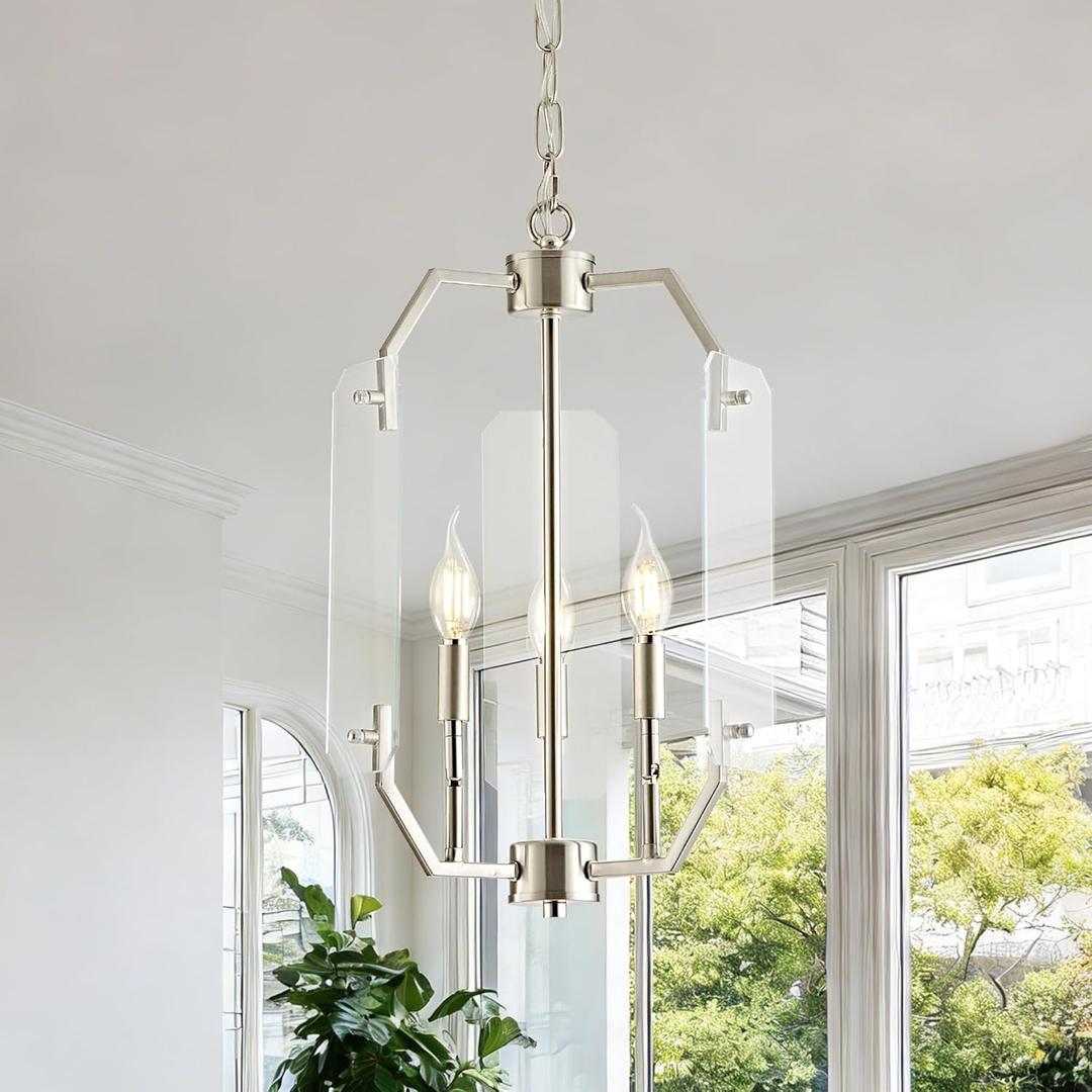 OKELI Brushed Nickel Lantern Chandelier 3-Light, 11.8" Small Farmhouse Dining Room Light Fixture with Glass Panels, Adjustable Hanging Pendant Light for Entryway Kitchen Island E12