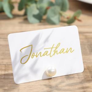 UNIQOOO 24Pcs Decorative Pearl Place Card Holders, Elegant Ivory Name Cards, Place Cards for Table Setting, Dessert Table Decor, Wedding, Dinner Party, Name Tag, Food Labels