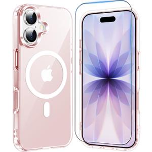 Temdan for iPhone 17 Case Clear Pink with Screen Protector, Compatible with Magsafe, Anti-Yellowing, Military-Grade Protection, Shockproof Slim Magnetic Phone Case Cover, Pink