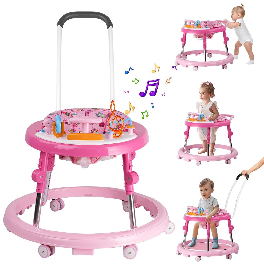 Baby Walker, Activity Center with Feeding Tray & Music, 9-Gear Height Adjustable Foldable Baby Walker for Boys and Girls from 6-18 Months with Push Handle, Footrest, Mute Wheels Anti-Rollover (Rose pink)