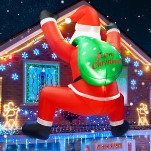 6FT Christmas Inflatable Decorations Hanging Santa Built-in Bright LEDs, Climbing Santa Claus with Gift Bag Christmas Roof Blow Up Yard Inflatables Decoration for Window Wall Outdoor Xmas New Year