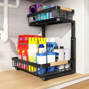 PXRACK Large Under Sink Organizer, Adjustable Height, 2-Tier Slide Out,Thickened Metal Shelf Under Sink Storage for Kitchen, Bathroom, Cabinet,Pantry,Black,1 PACK,Small Space-saving