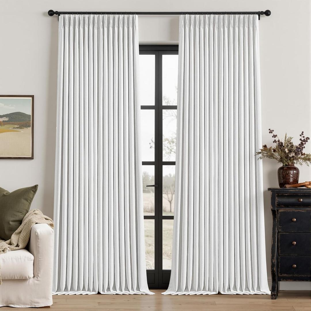 Snow White Linen Blackout 120 Inch Curtains for Living Room 2 Panels Set Pinch Pleated Back Tab Drapes Farmhouse Thermal Insulated Full Black Out Curtains 120 Length High Ceiling to Floor 50x120