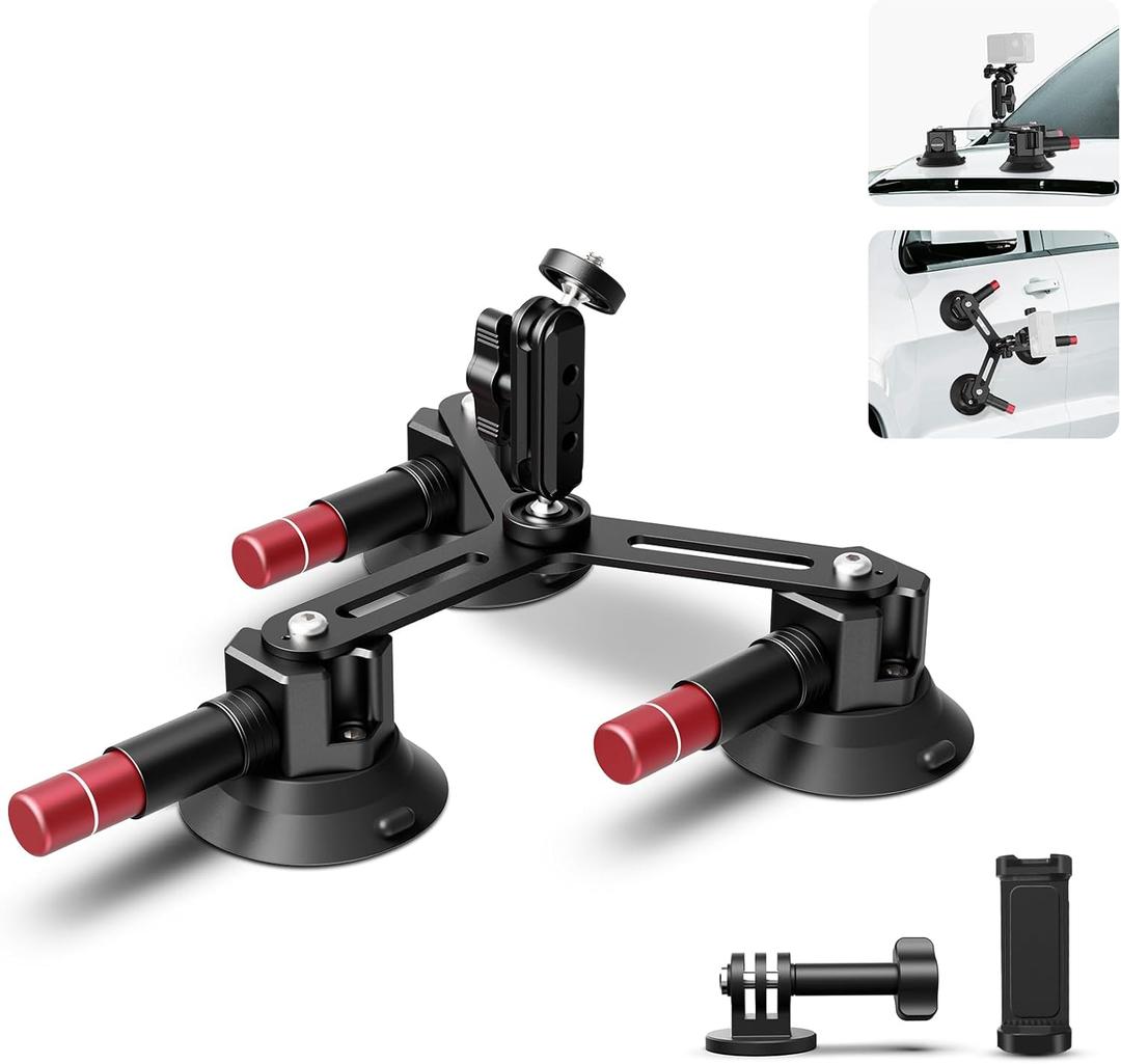 Neewer Triple Suction Cup Camera Car Mount [Simplified] with Phone Holder & Action Camera Adapter Compatible with iPhone GoPro OSMO Action Pocket 4 3 2 Hero 12 11 10 Insta360 Samsung, CA067