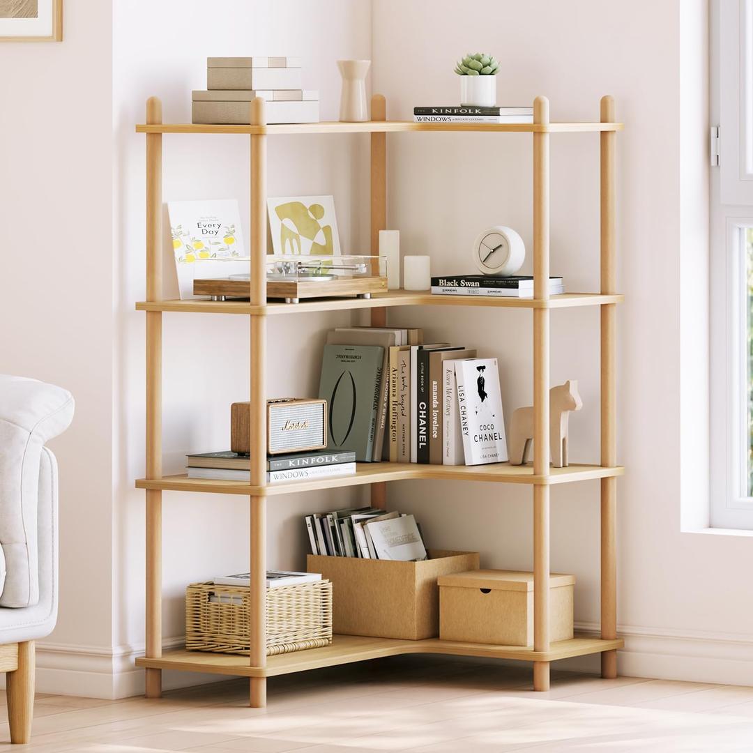 L-Shaped Open Corner Bookshelf - 4-Tier Freestanding Bookcase, Oak