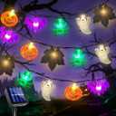 Solar Halloween Lights Outdoor 23.3Ft 40LEDs Halloween Decorations Lights, 8 Modes Maple Leaf Pumpkin Ghost Spider Bat Light Solar Powered Halloweens String Light Outside