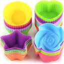 Silicone Cupcake Liners for Baking, 24Pcs Reusable Muffin Cups Greaseproof Muffin Liners Nonstick Baking Molds with Round, Stars, Heart, Flowers Shape for Kids (Multicolor)