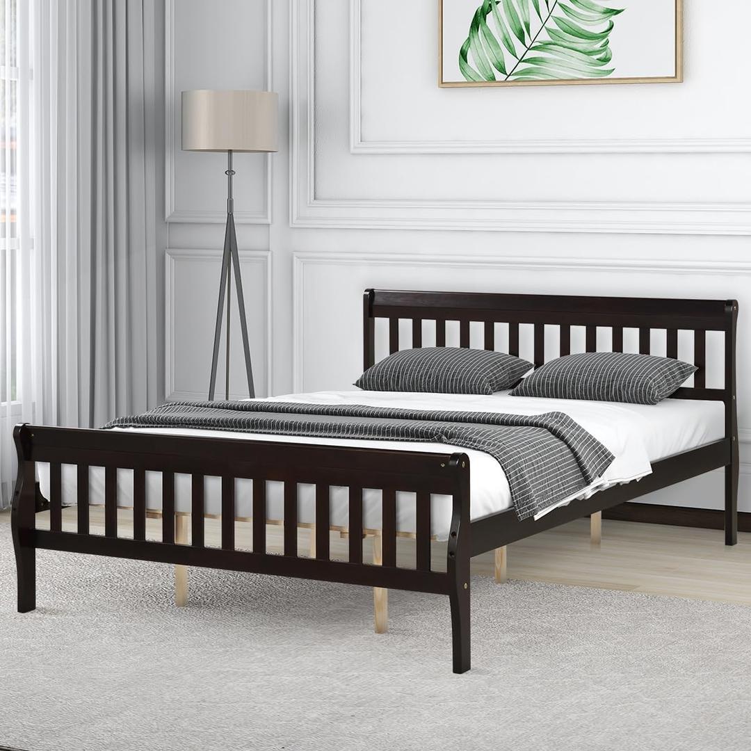 IULULU Queen Bed Frame, Solid Wood Platform Bed Frame with Headboard & Footboard, Queen Size Mattress Foundation with Wooden Slats Support, Easy Assembly, No Box Spring Needed, Espresso