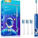 Electric Toothbrush Kids Age 3-5-7-8-12 Year Old, Childrens Electric Toothbrush Rechargeable with Timer 3 Modes 4 Vibrating Heads Habit Stickers 31000VPM Boys Electric Tooth brush (Astronaut Blue)