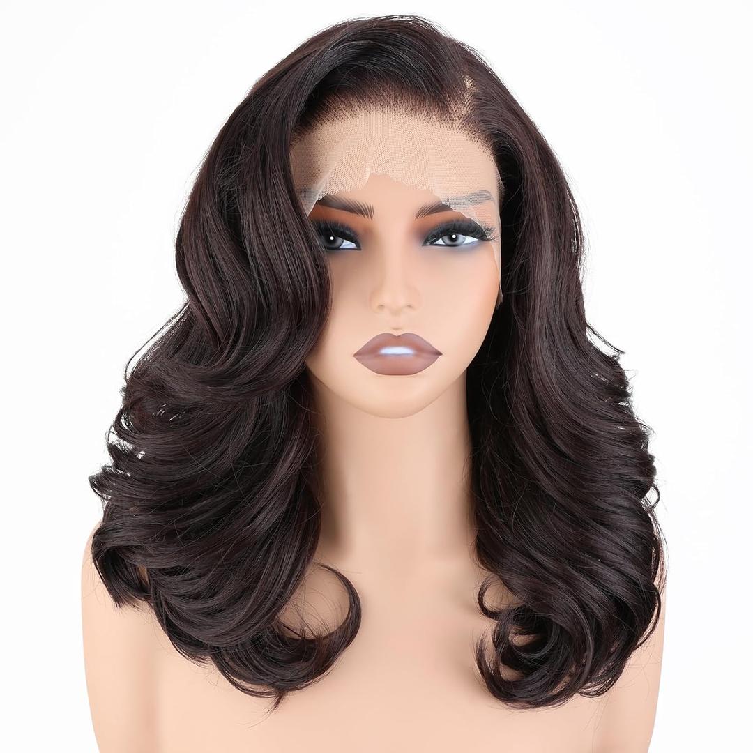 SISgrace Brown 13 * 6 HD Lace Front Wigs Synthetic Glueless Pre Layered Brown Roots Body Wave Wigs for Women Pre Plucked 18 Inch Tiny Knots Lace Natural Hairline Bob Wig