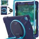BATYUE Case for iPad 9.7 inch, 2018 iPad 6th Gen, 2017 iPad 5th Gen, iPad Air 2/ iPad Pro 9.7'',Shockproof Protective Cover with Pencil Holder &Rotating Bracket &Shoulder Strap (Navy Blue+Blue)