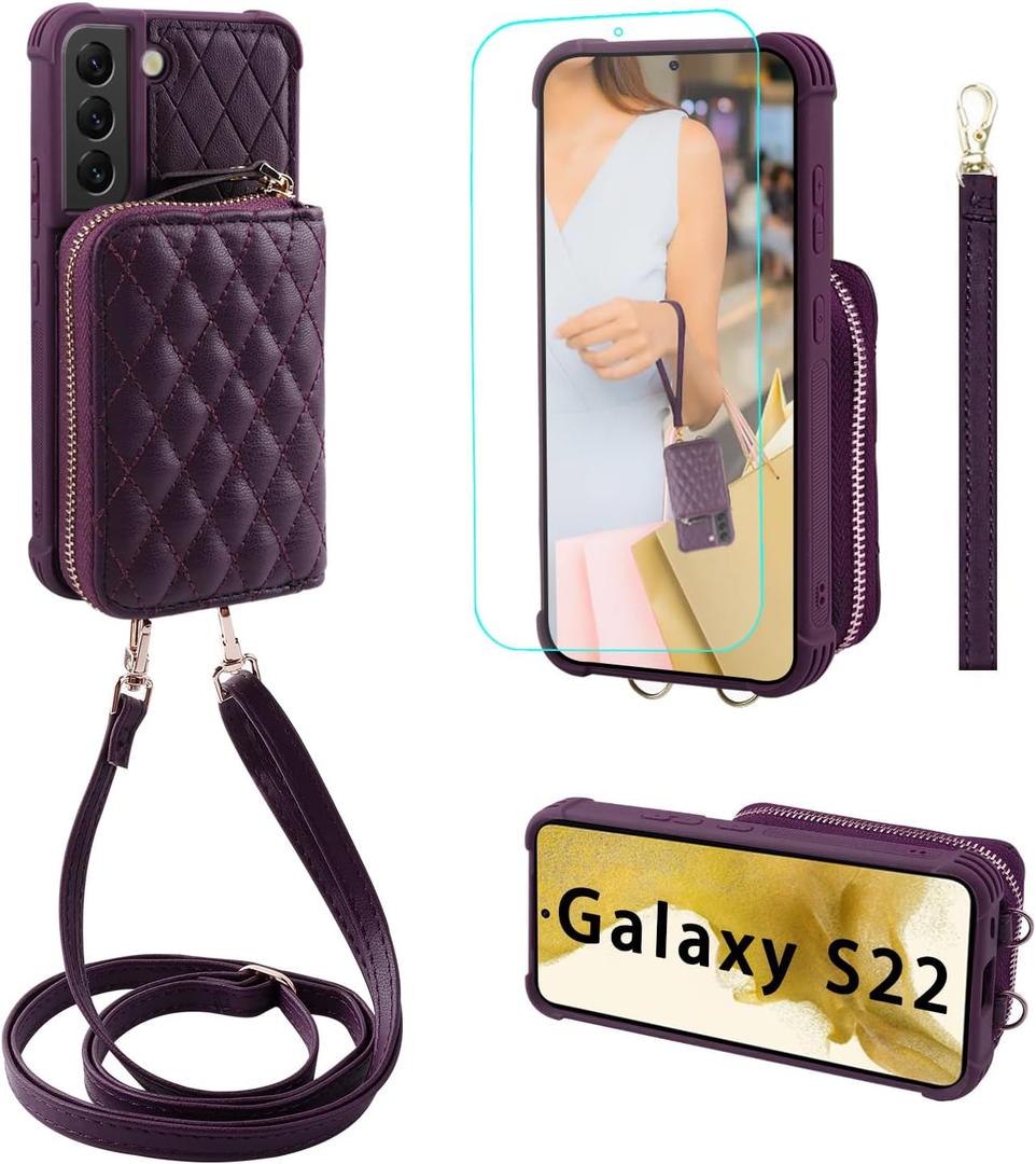 MONASAY Zipper Wallet Case Fit for Galaxy S22 5G 6.1in, [Screen Protector ][RFID Blocking] Flip Leather Handbag Phone Cover with Card Holder Crossbody Shoulder Lanyard Strap, Purple