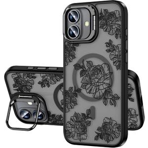 2 x OAOA Magnetic Case Compatible with iPhone 16 with Kickstand, Compatible with Magsafe, Built in Camera Stash Stand and Guard, Anti-Fall Military Protection TPU Case for Women Girls, Blossom