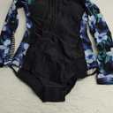 Girls Long Sleeve Rashguard Swimsuit UV Protection One-Piece Swimwear Bathing Suit (11-12 Years, Blue Floral Print)