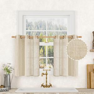 LAMIT Short Linen Curtains 36 Inch Length for Half Window, Semi Sheer Light Filtering Panels Bronze Grommet Drapes for Basement/Cafe, 2 Panels, Linen, 34 x 36 Inch