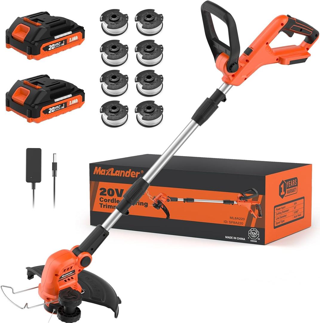 MAXLANDER Weed Wacker Cordless, 20V 12 Inch Cordless String Trimmer Edger, Weed Wacker Battery Operated with 8 PCS Replacement Spools, Lightweight Weed Trimmer, 2x2.0Ah Battery & Charger Included (Amber)