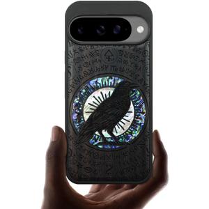Carveit Magnetic Wooden Case for Google Pixel 10 Case, Wood Artisan Engraved & Handmade Shell Inlaid, Compatible with MagSafe Wireless Chargers, Haloed Crow - Blackwood