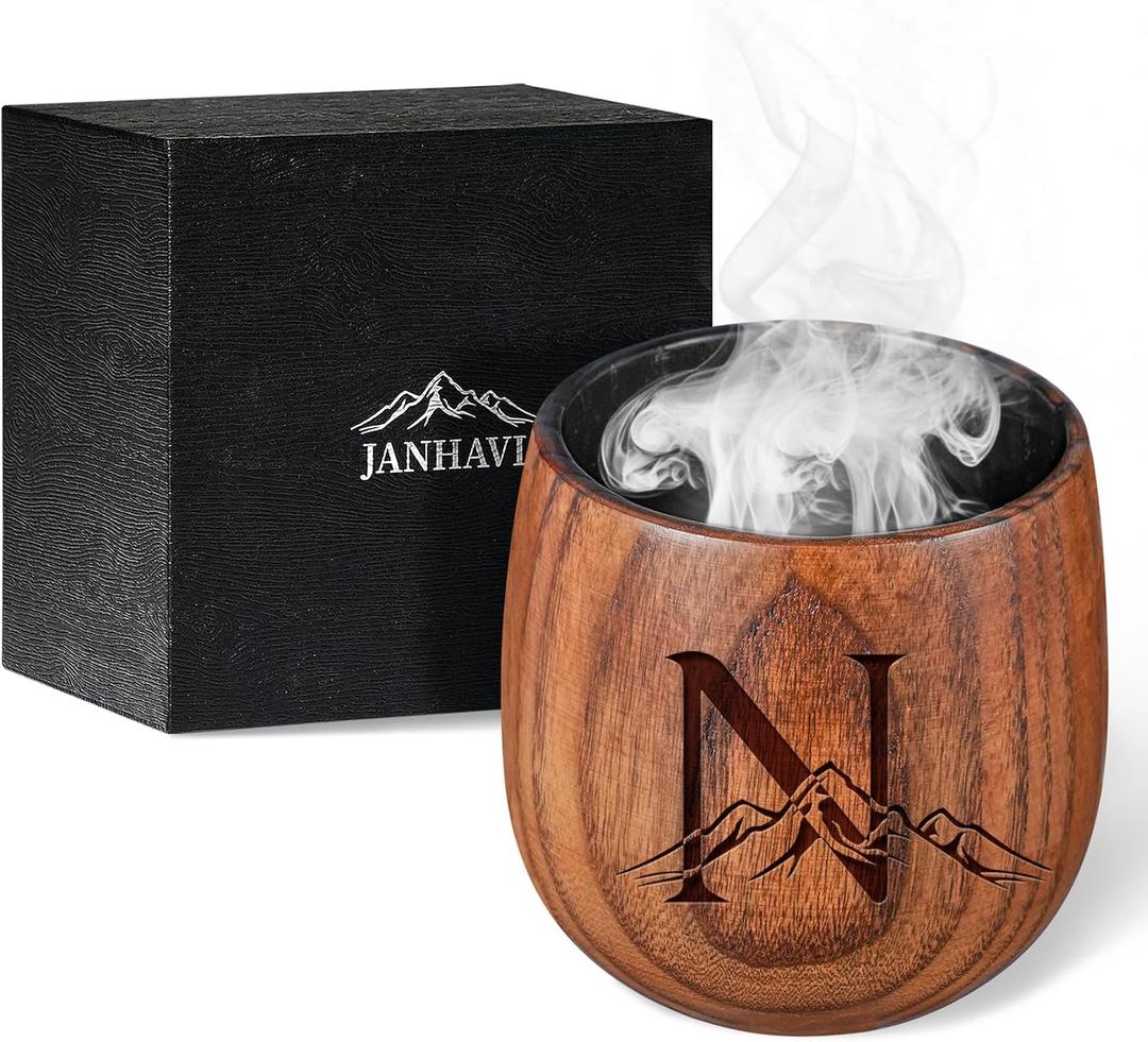 Janhavi Original Charred Wooden Bourbon Drinking Glass,Personalized Whiskey Glasses with Initials,Unique Gifts for Men Husband,Father,Brother Friends,Mens Birthday Gift Ideas,Wooden Whiskey Cup (N)