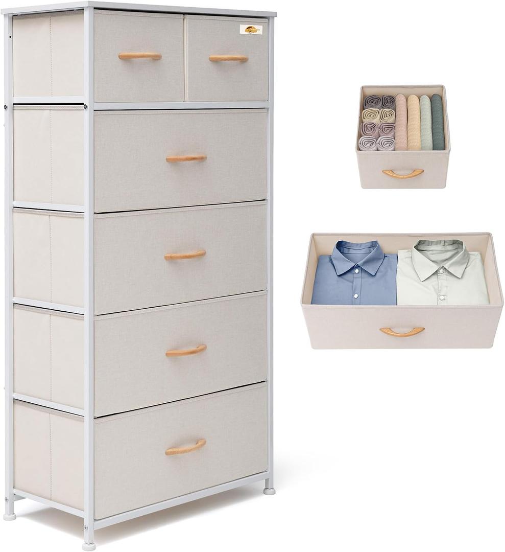 Fabric Dresser for Bedroom, Tall Skinny Dresser with 6 Drawers, Storage Organizer Tower, Steel Frame Wooden Top for Closet, Living Room, Hallway(Beige)