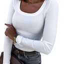 Roselux Womens Long Sleeve Scoop Neck Ribbed Knit Fitted Casual Tops Tee Slim Basic Shirts(3924,White-S)