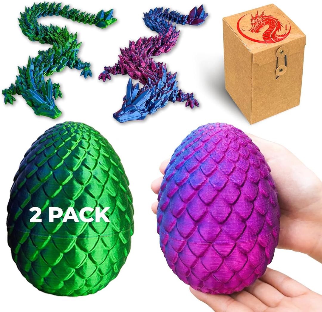 2 Pack 12 inch 3D Printed Mystery Dragon Egg, Extra Large Dragon Egg with Dragon Inside, Extra Long Dragon Fidget Toy, Surprise Dragon in Egg for Collectors, Ideal Children's Day Gift