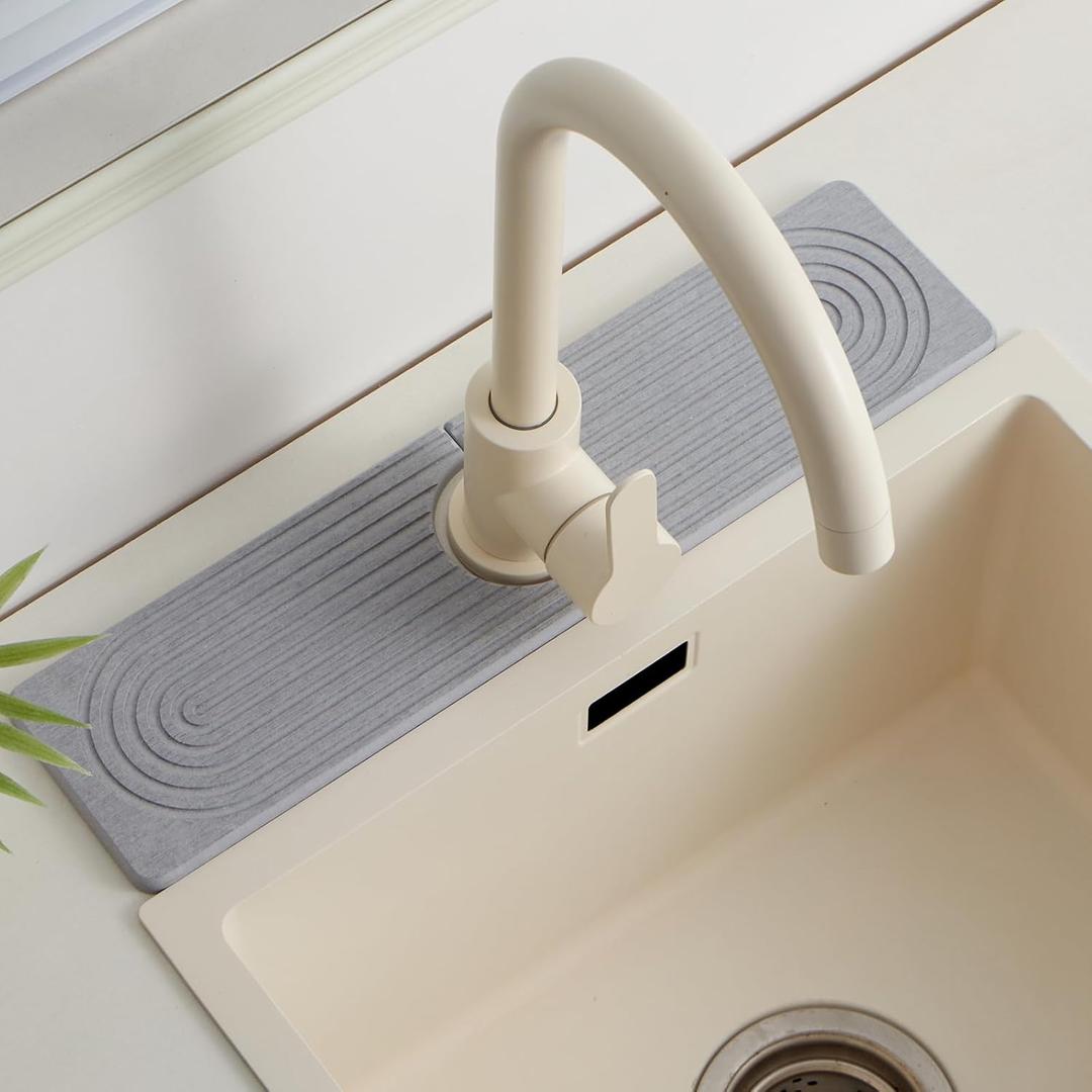 Stone Faucet Mat for Kitchen Sink, Faucet Mat Fast Drying Diatomite, Sink Splash Guard Water Absorbing Stone Tray for Sink, Counter Protector for Kitchen & Bathroom, : Gray.15.8" x 3.9"