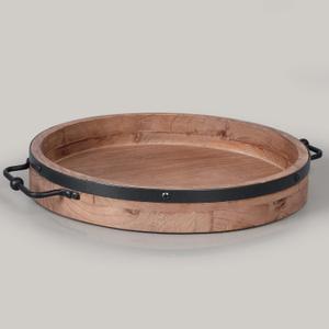 Round Coffee Table Tray - 13'' Farmhouse Wood Serving Tray with Metal Handles - Round Decorative Trays for Coffee Table - Wooden Circle Trays for Kitchen Counter (16")