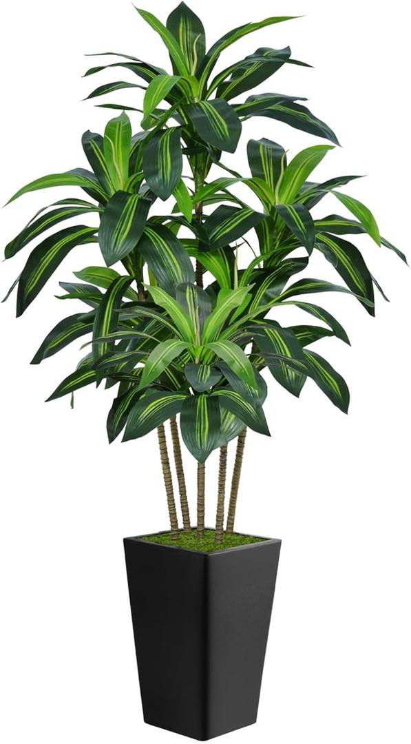 6FT Artificial Dracaena Tree, Fake Tree Indoor with Black Tall Planter, Tall Artificial Plants Indoor, Artificial Silk Tree for Home Office Decor, Housewarming Gift (Black)